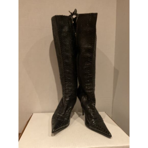 Gianmarco Lorenzi - Black Python Leather Knee High Stiletto Boots - 6.5/37 - Picture 6 of 9